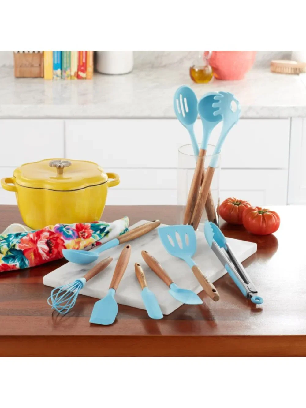 The Woman Pioneer Blue 10-Piece Silicone-Tipped Wood Handles Cooking Utensil